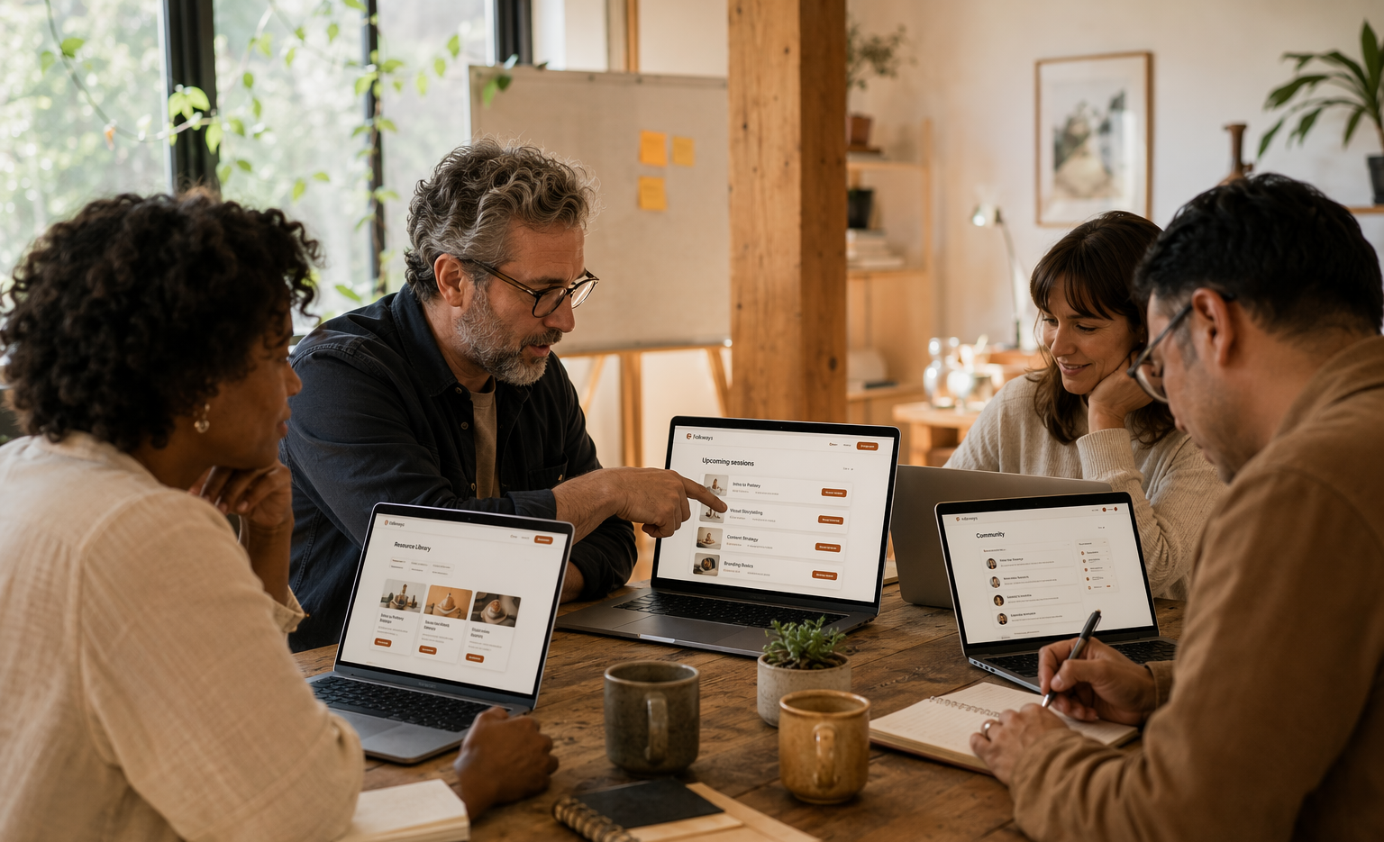 Four builders around a wooden table working on laptops during a cohort work session.