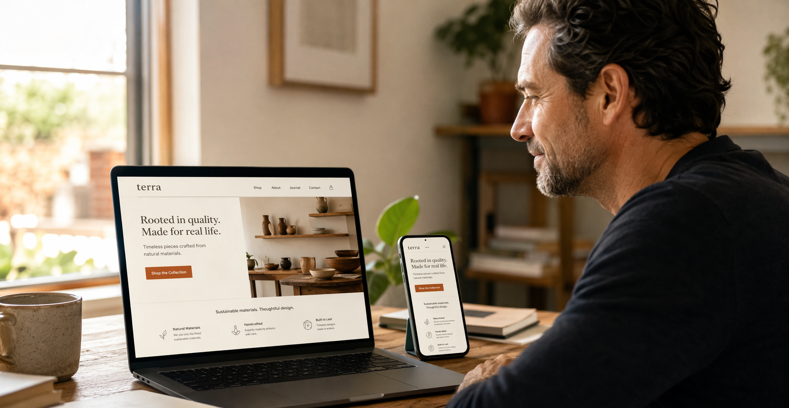 A builder at a wooden desk reviewing his live web app on a laptop and phone in warm natural light.