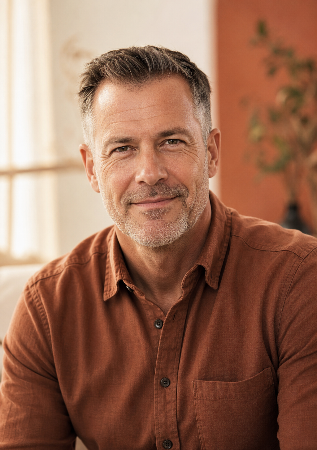Portrait of Dave Acevedo, founder of 2weekAI, in a rust-colored shirt against a warm wall.