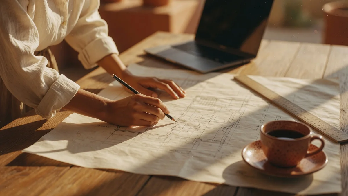 Hands marking an architectural blueprint on a sunlit wooden table beside a coffee cup and a laptop
