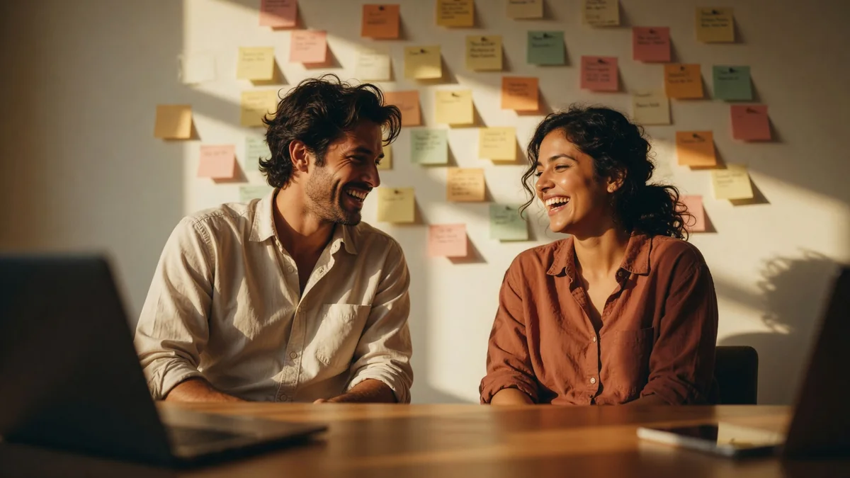 A man and a woman laugh together at a wooden desk in front of a wall covered with colorful sticky notes