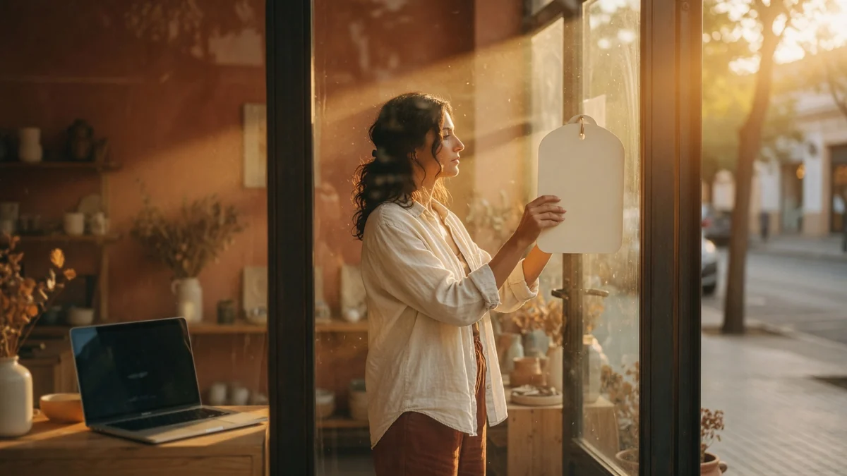 A woman hangs a blank white sign on the glass front door of a sunlit boutique with pottery shelves behind her