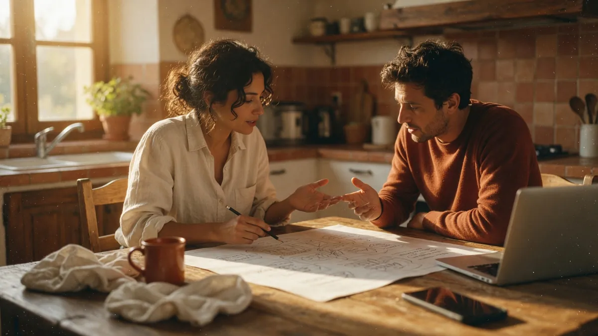 A man and a woman at a sunlit kitchen table point at a large hand-drawn flowchart beside an open laptop