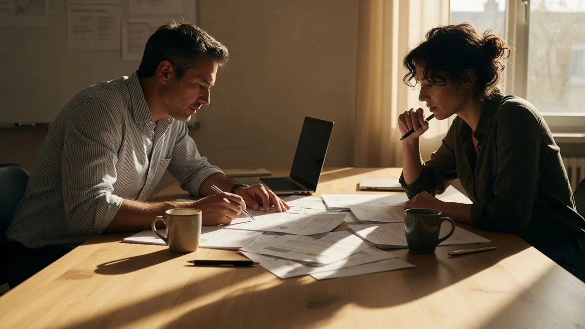 A man and woman review printed documents and write notes at a wooden table with a laptop in natural light