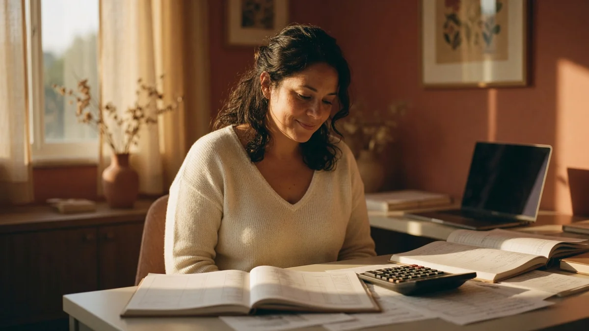 A woman at a sunlit desk reviews printed ledgers with a calculator and an open laptop nearby