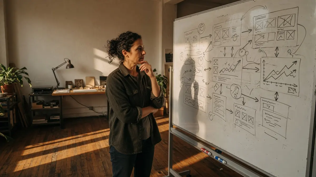 A woman studies flowcharts and wireframes on a large whiteboard in a sunlit office