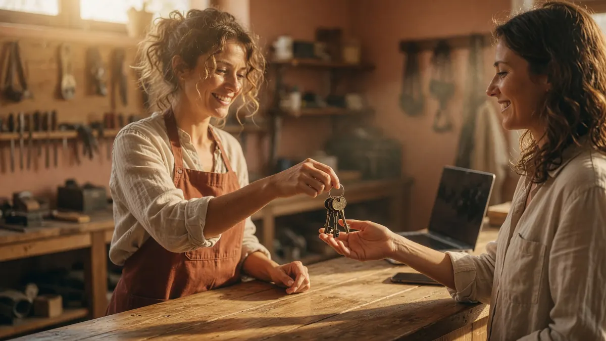 A woman in a workshop apron hands a set of keys to another woman across a rustic wooden workbench