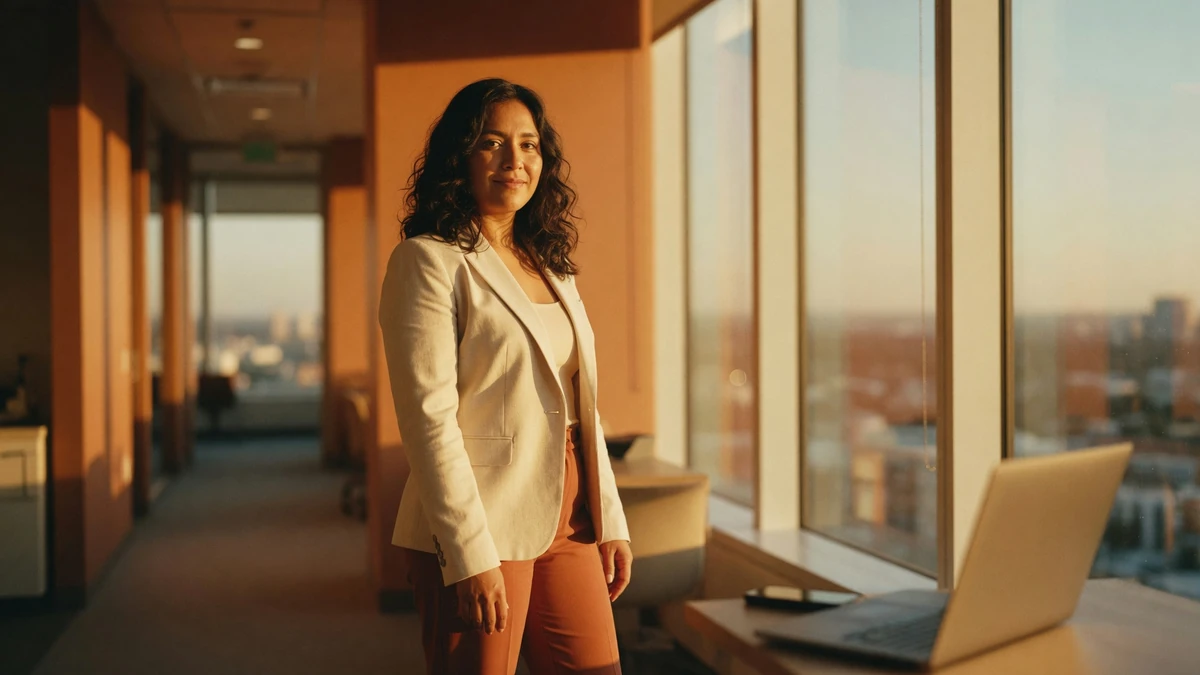 A woman in a cream blazer and rust trousers stands in a modern office hallway beside windows overlooking a city skyline at sunset