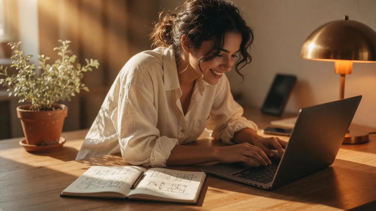 A woman with curly hair smiles while typing on a laptop at a sunlit wooden desk with an open sketchbook and a brass lamp