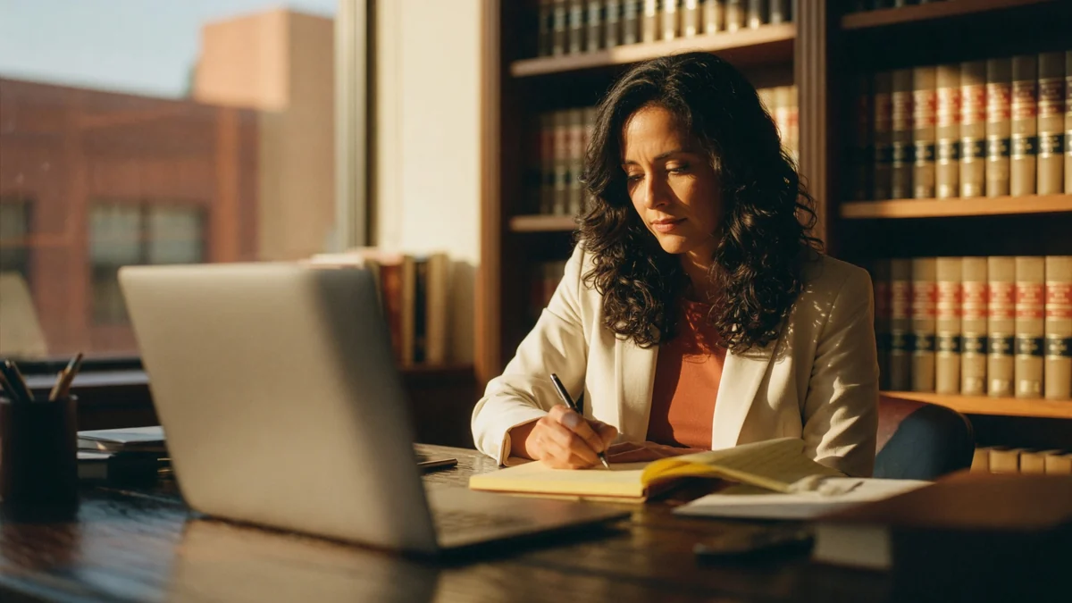 A woman in a cream blazer writes on a yellow legal pad at a wooden desk in a law library, with an open laptop beside her