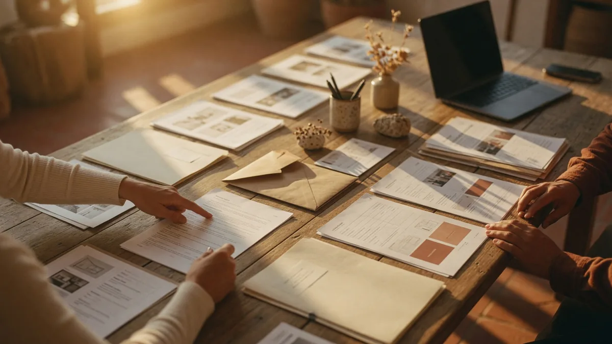 Two people review printed documents and folders on a wooden table in warm sunlight, with a laptop nearby