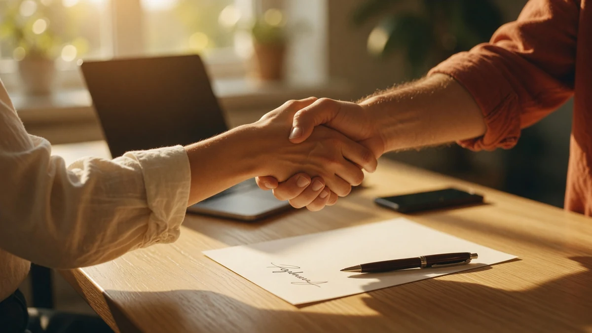 Two people shake hands over a wooden desk beside a signed document and pen in warm window light