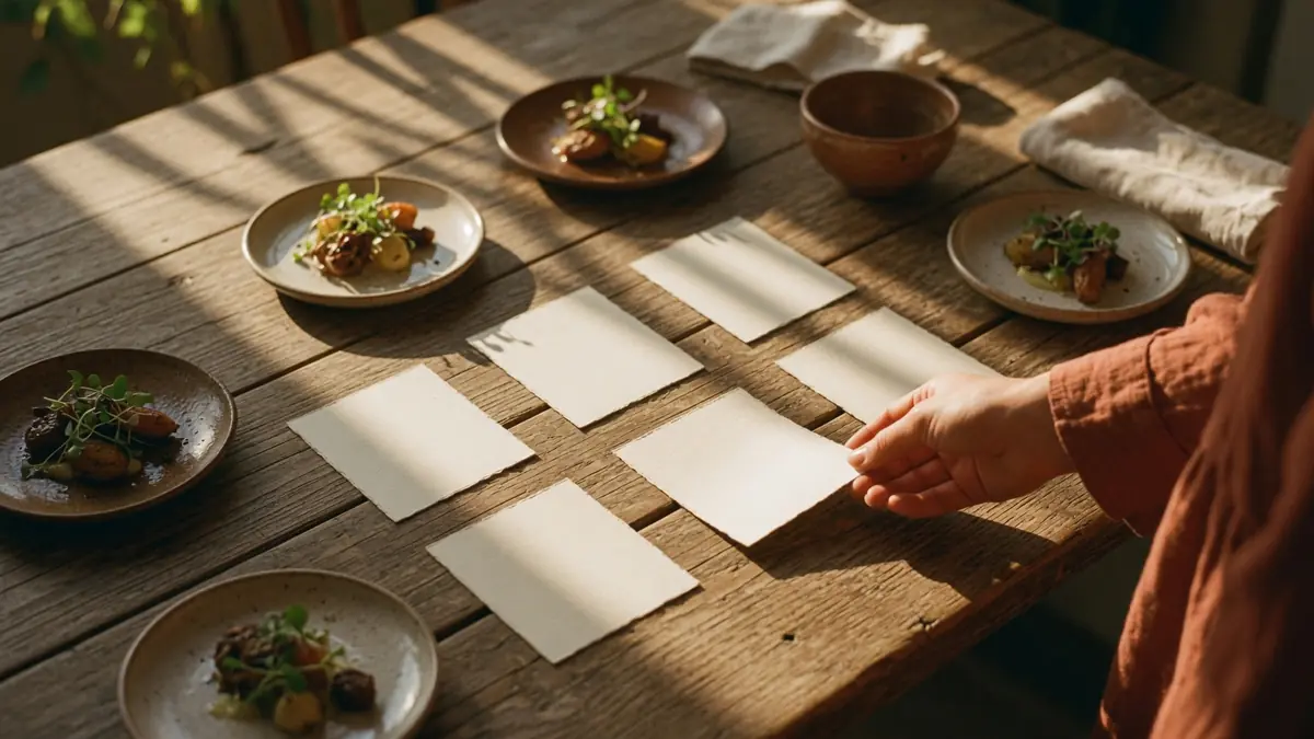 A hand places one of six cream cards arranged on a sunlit wooden table set with small ceramic plates