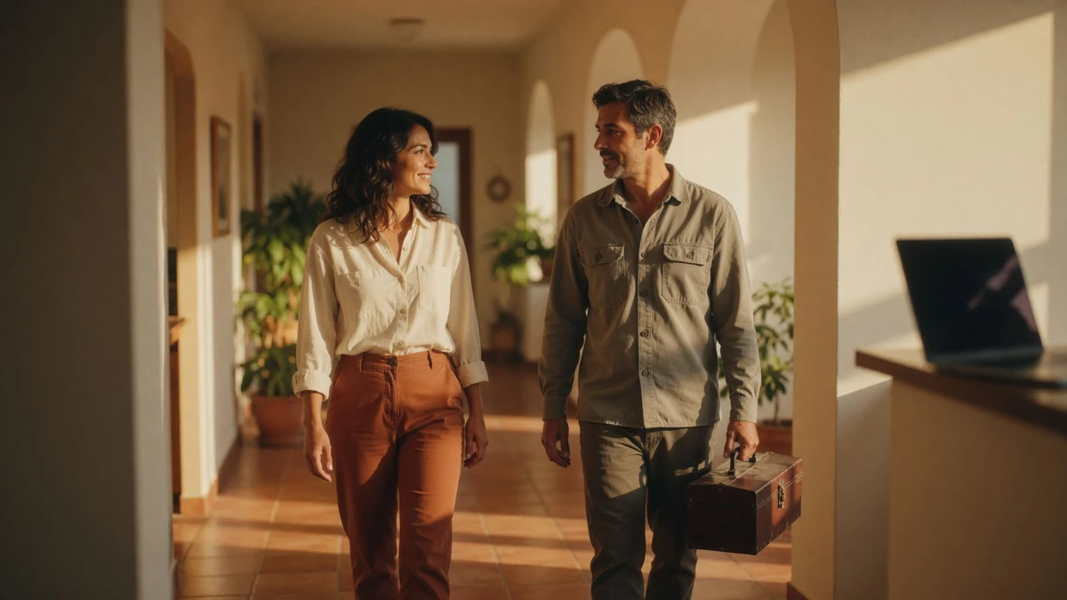 A woman in a white shirt and a man carrying a toolbox walk through a sunlit hallway with arched openings and terracotta floors