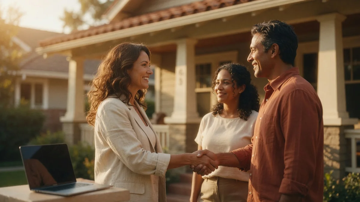 A woman in a light blazer shakes hands with a man in front of a suburban house at golden hour, while another woman looks on