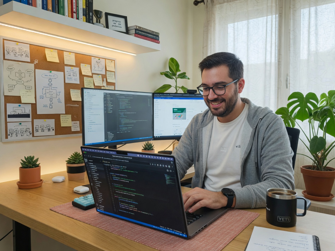 Developer coding in bright workspace