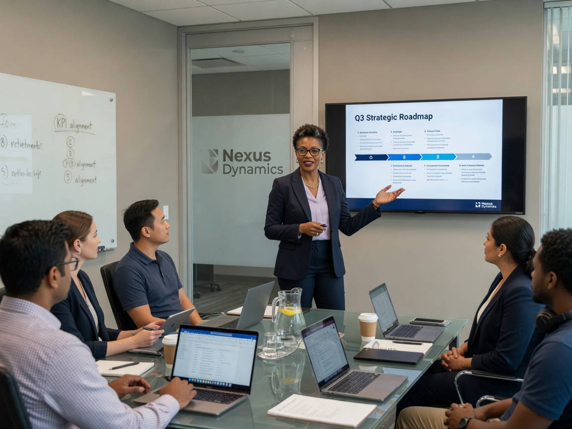 Corporate IT leader presenting to team