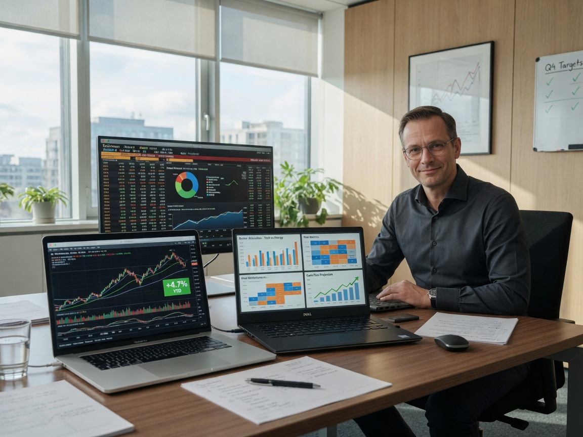 Investor reviewing charts on multiple screens